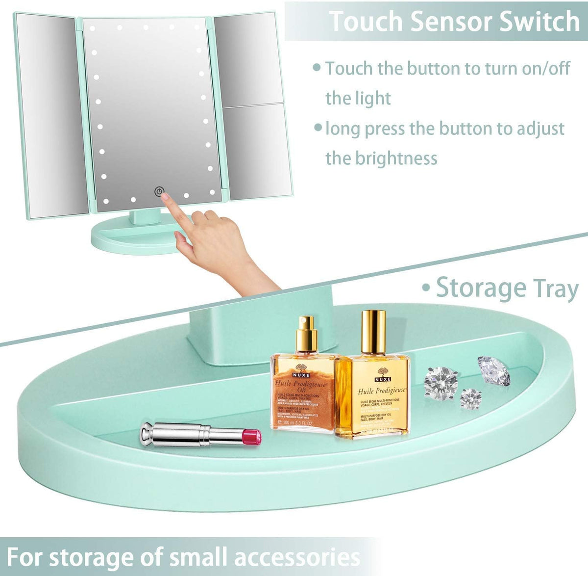 Flymiro Tri-fold Lighted Vanity Makeup Mirror with 3x/2x Magnification,Light up Mirror for Makeup,Touch Screen 21 LEDs,180° Rotation Countertop Cosmetic Mirror,Gifts for Women Mom Teen Girls
