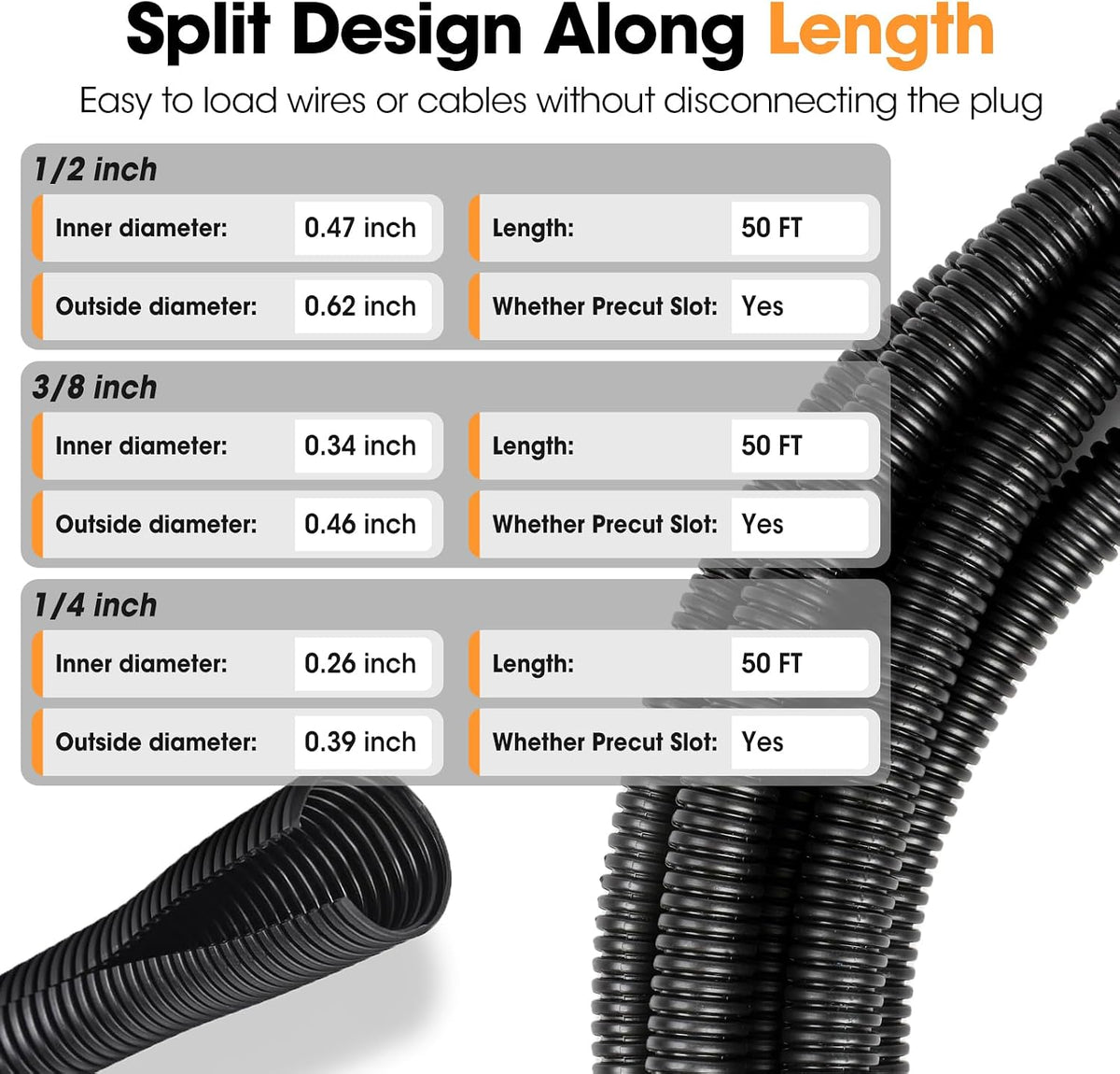 Wire Loom 1/4", 1/2", 3/8 Inch x 50 FT, Split Wire Loom Tubing Wire Conduit, Cable Sleeves Bulk Flexible Electrical Conduit Protective kit