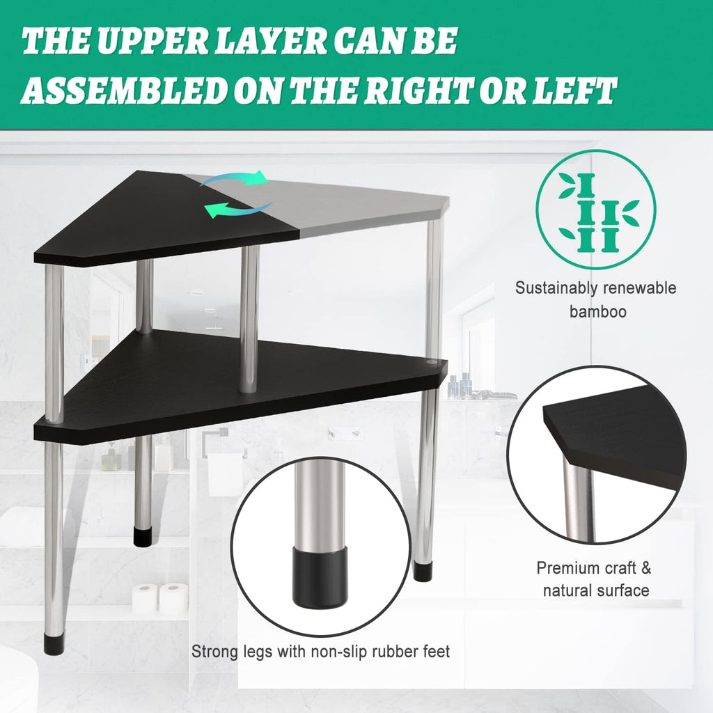 Weenson Bathroom Counter Organizer Over Sink for Toiletries, Makeup, Kitchen Countertop Organizer Spice Rack for Salt, 2-Tier Corner Counter Shelf for Coffee Area Storage Dresser Table(Black)