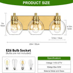 IZORRO Bathroom Light Fixtures, 3-Light Brushed Gold Vanity Light, Modern Wall Sconces with Globe Clear Glass Shade, Vanity Lighting Fixtures Over Mirror,E26 Bulb Socket
