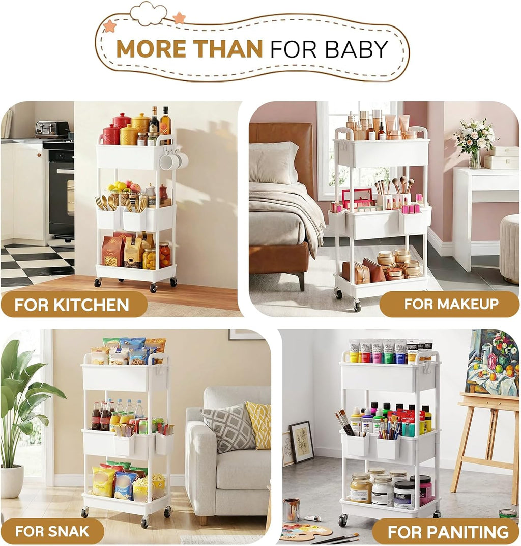 Diaper Cart with Lockable Wheels and Easy Assembly, 3 Tier White