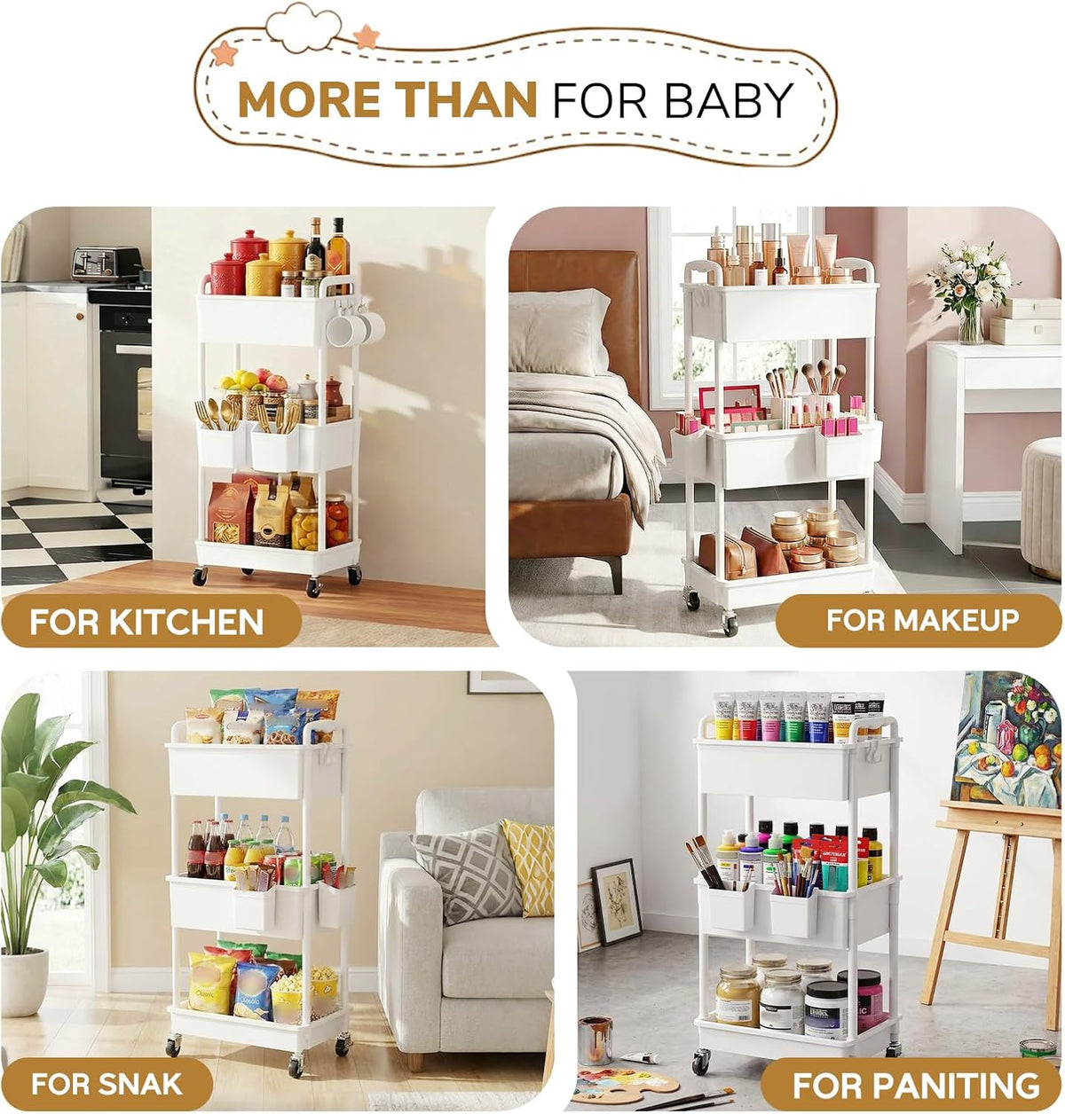 Diaper Cart with Lockable Wheels and Easy Assembly, 3 Tier White