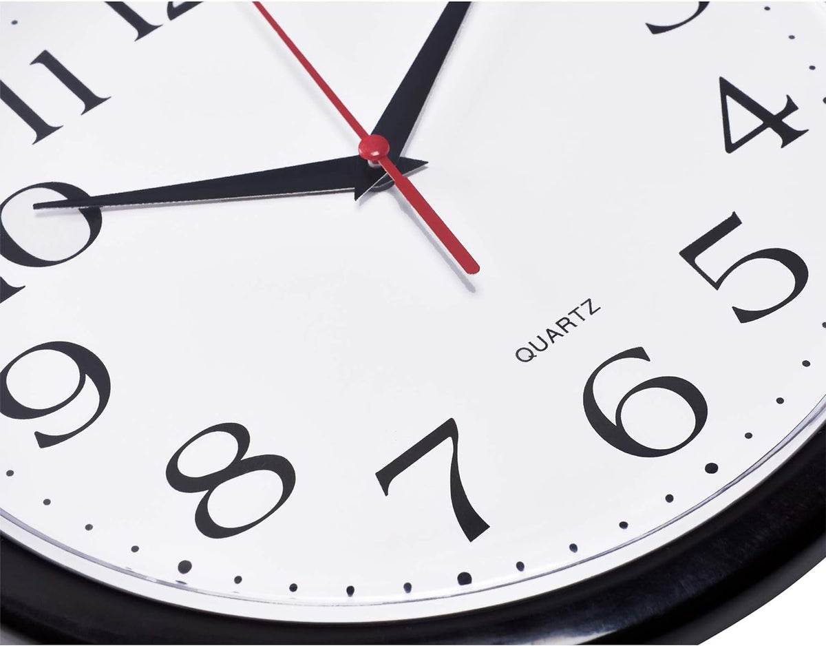 Bernhard Products Black Wall Clock Silent Non Ticking 10 Inch Quality Quartz Battery Operated Round Easy to Read Home/Office/Kitchen/Classroom/School Clock Sweep Movement