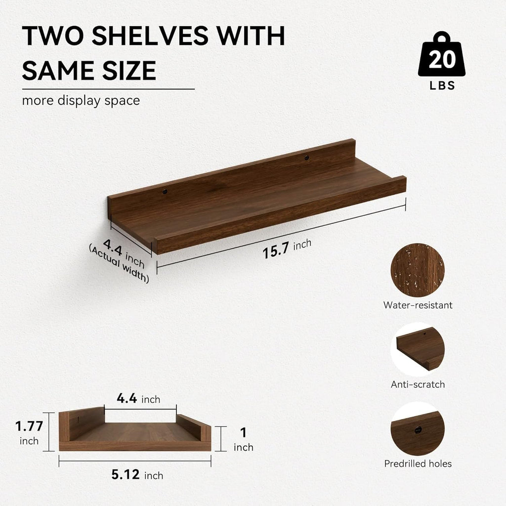 Boswillon Floating Shelves Set of 2, Small Wall Shelf with Lip, 16in, Walnu