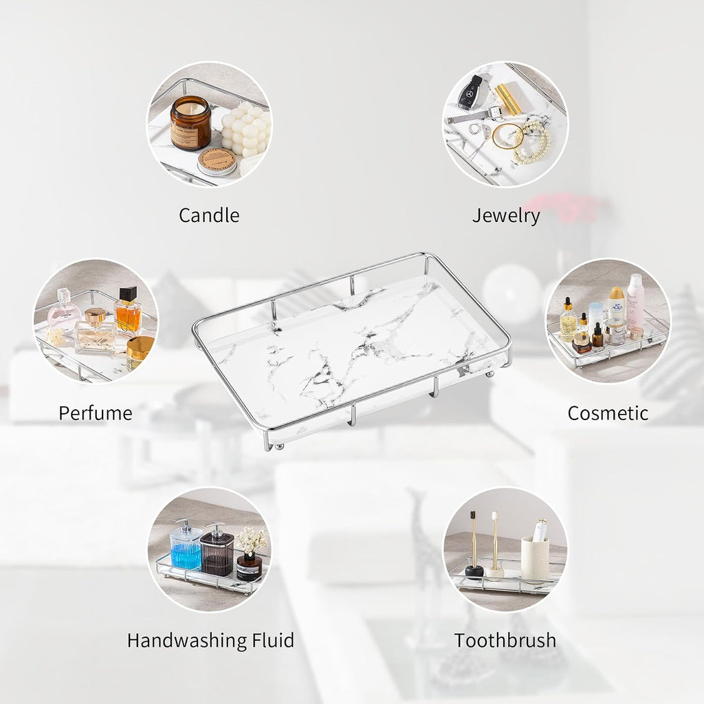 Dobbyby Vanity Tray Makeup Organizer Cosmetics Storage Bathroom Skincare Organizer Countertop Display Rack in Dresser Stainless Steel Shelf Marble Print Ceramic Trays