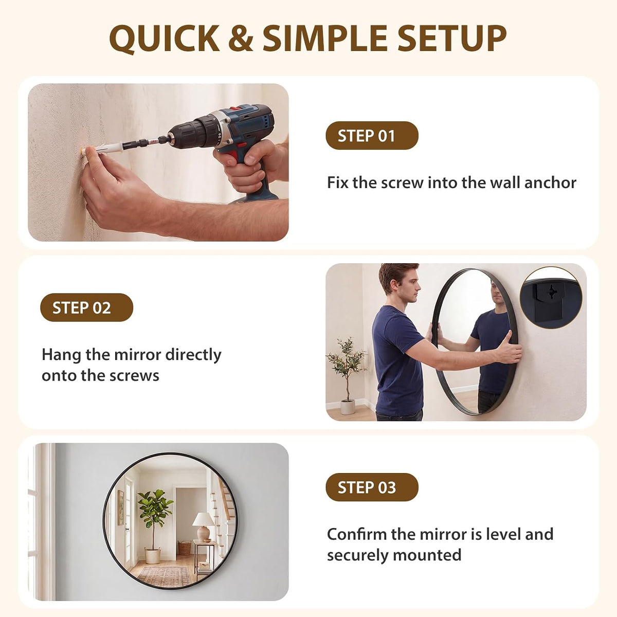 NEWBULIG 20-Inch Round Wall Mirror, Bathroom Wall Circle Mirror