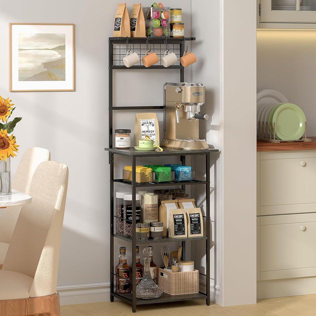 5 Tier Coffee Bar Station, Kitchen Stand with 4 S-Shaped Hooks, Farmhouse Corner Coffee Bar for Small Spaces, Bakers Rack for Kitchen, Entryway, Living Room, 13.43"D x 18.93"W x 53.31"H,Gray