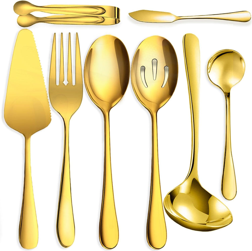8 PCS Stainless Steel Serving Utensils, Large Serving Spoons Slotted Spoons, Forks, Ice Suger Tongs, Cake Server, Soup Ladle, Metal Utensils Set Great for Buffet Catering Banquet Party, Silver