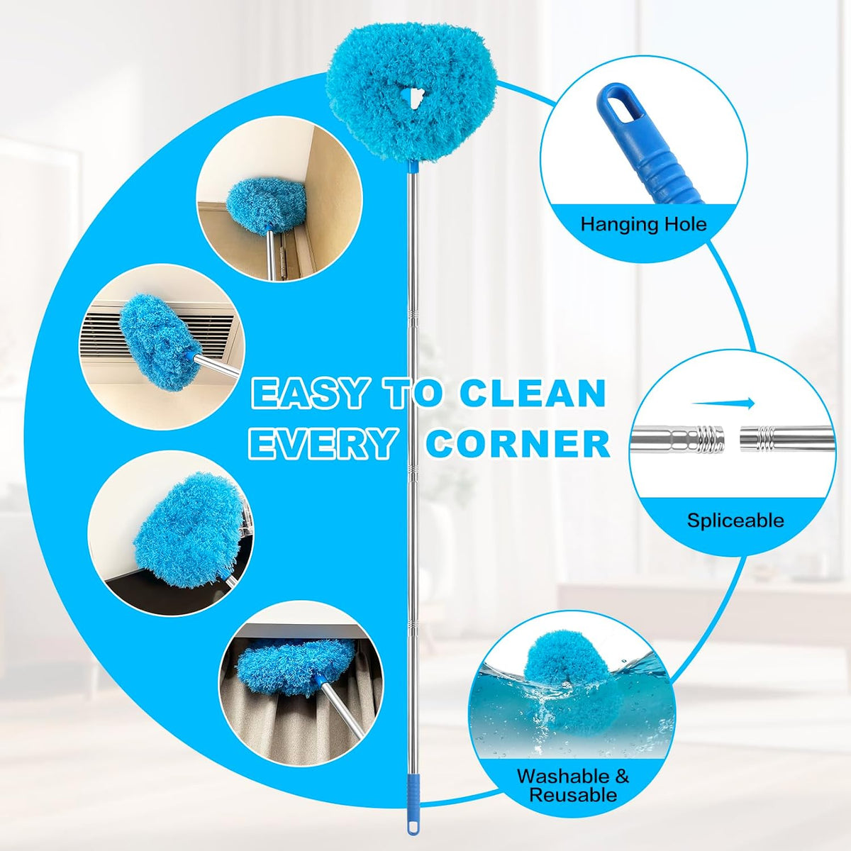 Ceiling Fan Cleaner Duster Reusable Microfiber Ceiling Fan Blade Cleaner Removable Duster with Extension Pole Adjusts 13 to 49.7 Inch for Cleaning Walls Bookshelves Furniture Door Window Top (Blue)