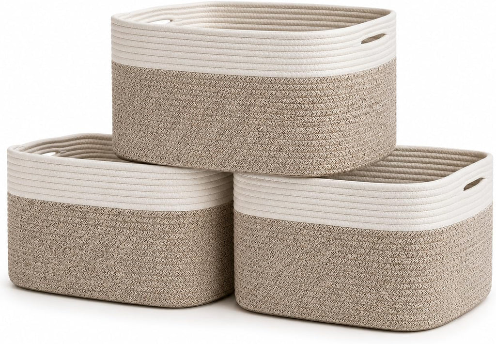 OrganiHaus Cotton Rope Baskets for Shelves, Set of 3, 15x9x10