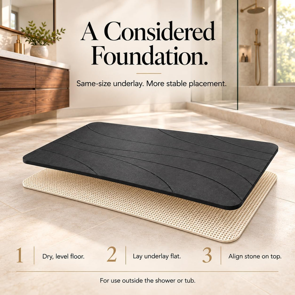 Stone Bath Mat, Quick Drying Bath Mat for Bathroom, Diatomaceous Earth Mat, Quick Dry Shower Mat, Fast Absorbent, Elegant Design, Easy to Clean - Black 23.6×15.35
