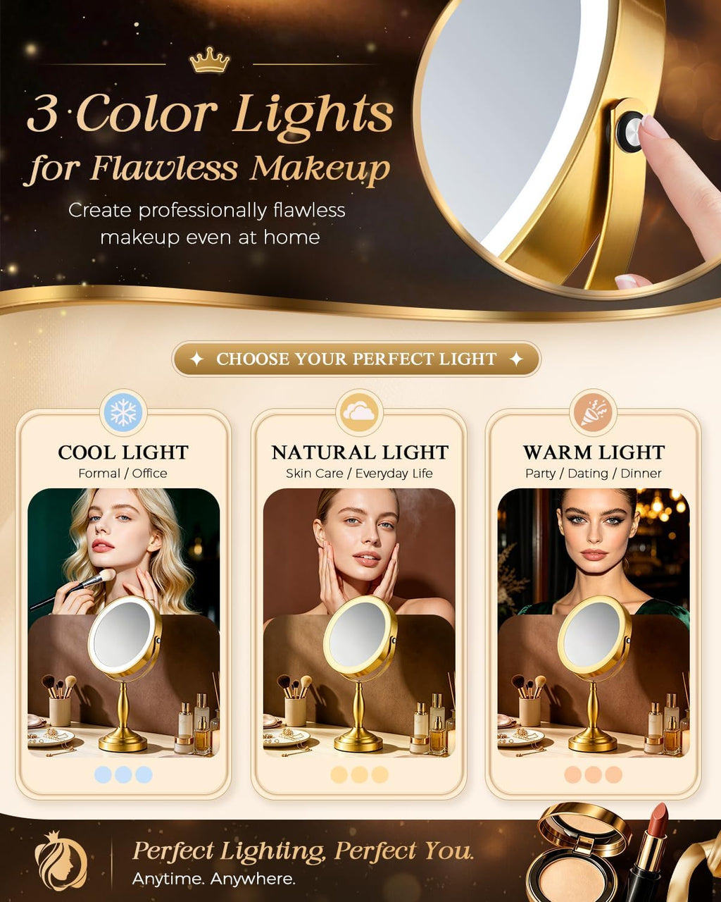 30X/1X Makeup Mirror with Lights, 8" Double Sided Vanity Mirror with Lights