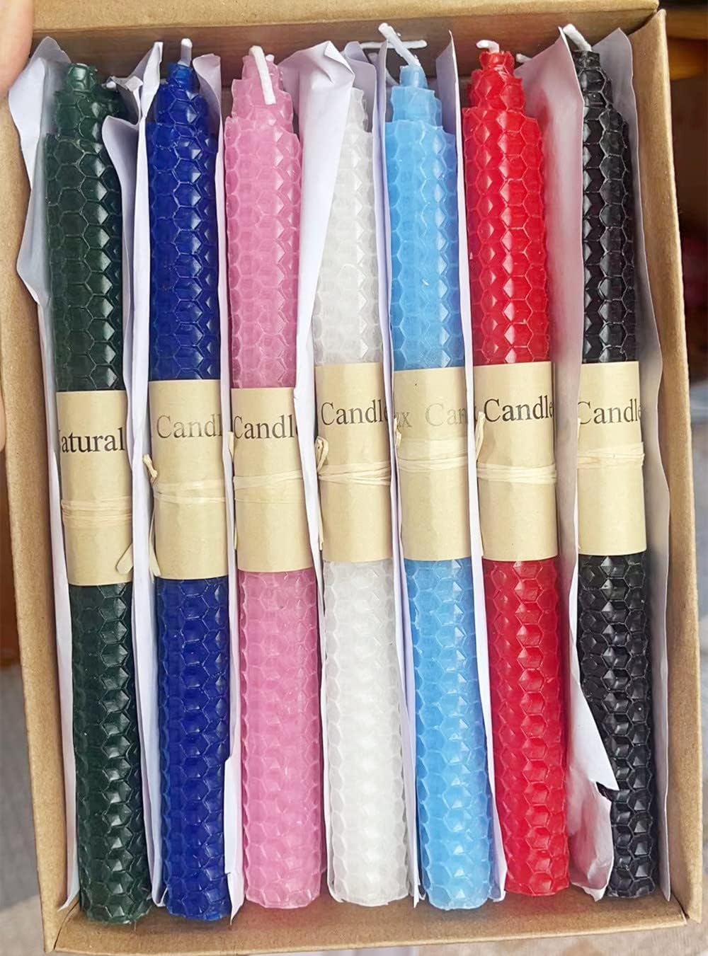 Premium Quality Beeswax Candles - 14 pack in 7 Colors - Hand-Rolled, Unscented, Dripless & Smokeless Taper Candles for Seasonal, Wedding, Home Decor & Dinner