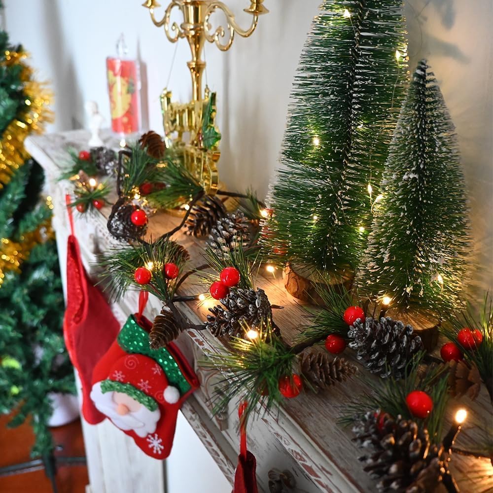 2026 Upgraded Christmas Garland Lights 9.84FT Holiday Prelit Garlands Pine Cone with Red Berry Battery Operated with Timer Garland Wreath Xmas Decor Lights for Outdoor Indoor Christmas Home Decoration