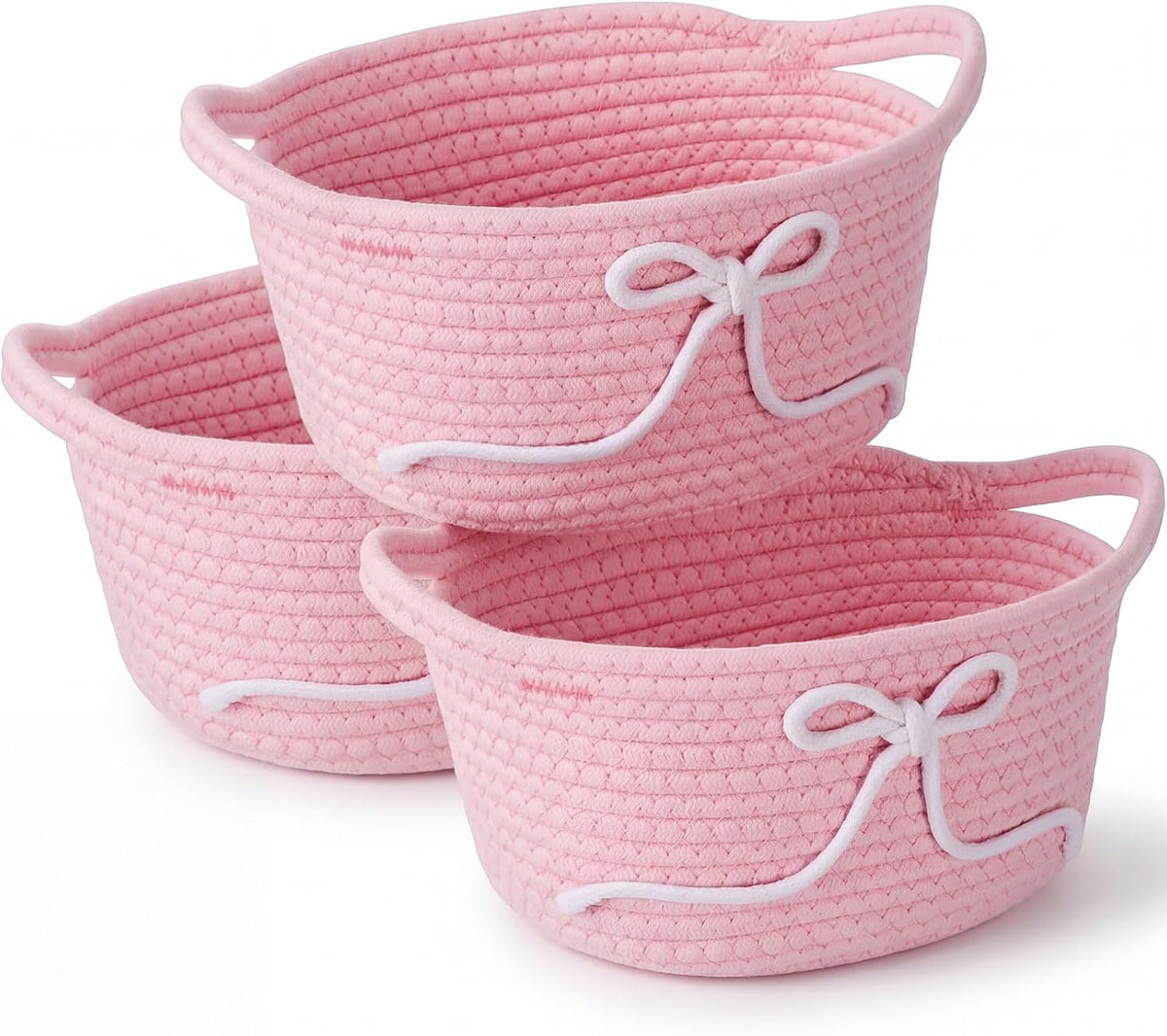 Glooglitter 2 Pcs Pink Bow Cotton Rope Baskets with Handles, Pastel Color