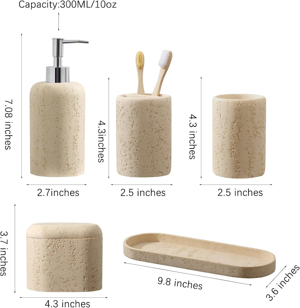 Bathroom Accessories Set, 5PCS, Travertine Stone Look, Yellow