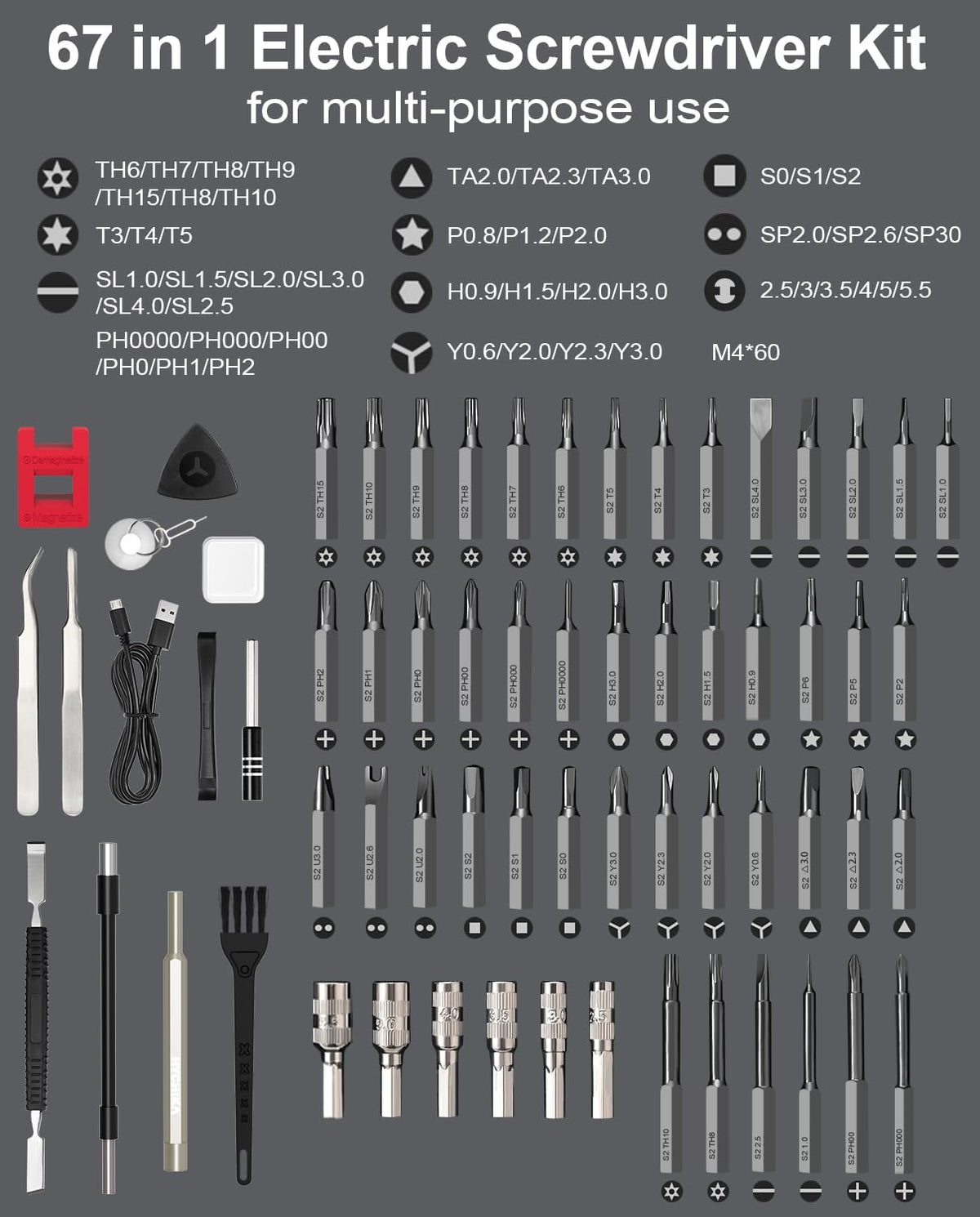 HYCHIKA Precision Screwdriver Set, Mini Electric Screwdriver 67-in-1 with 52 Magnetic Bits, 3 Torque Settings, LED Light & Rechargeable Repair Tool Kit for Computer Phone Camera