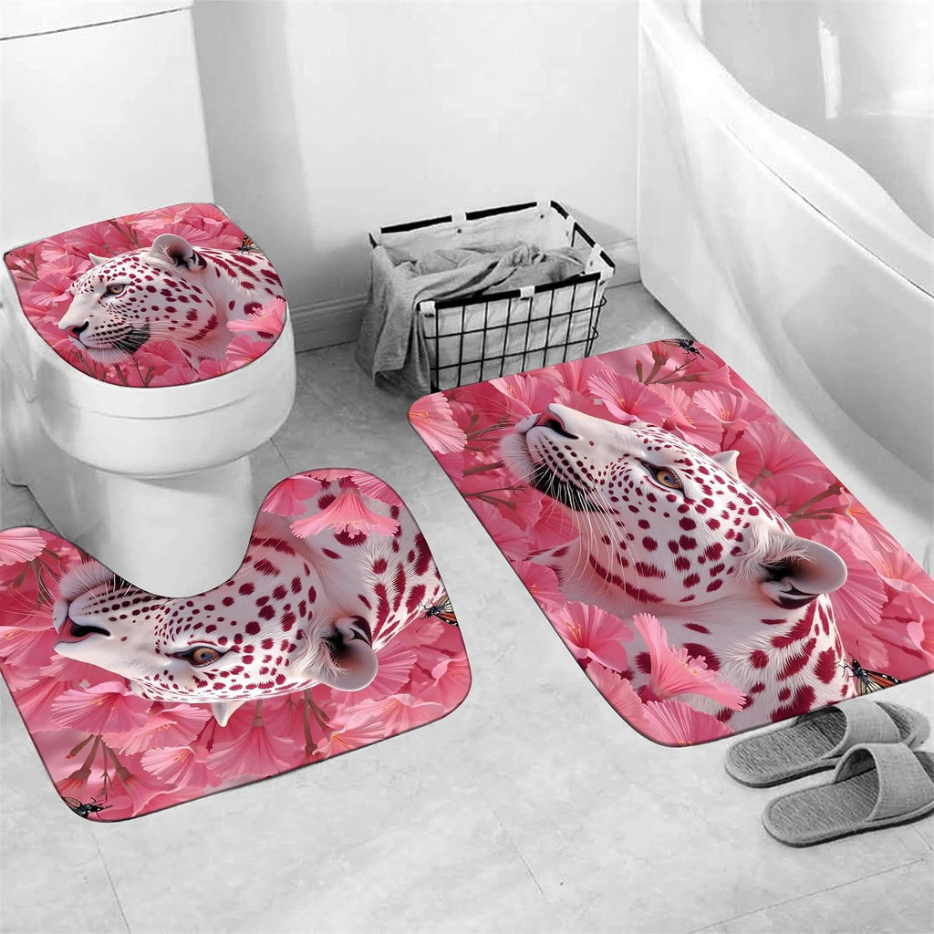 4 Pcs Pink Floral Leopard Shower Curtain Set