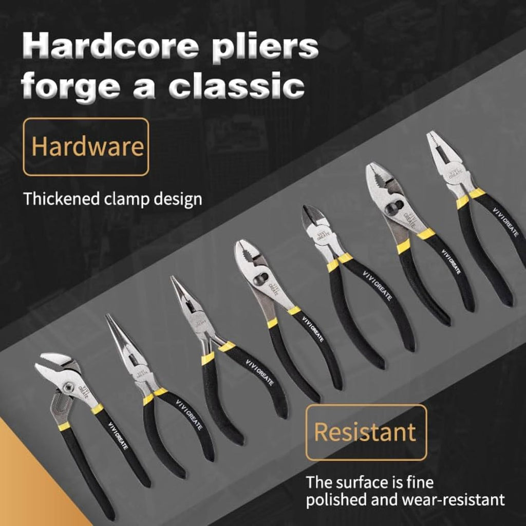 Vivicreate 7 Piece Pliers Set Heavy Duty Hand Tool Set with 8 Inch Groove Joint 8 Inch and 6 Inch Slip Joint 7 Inch Linesman 6 Inch Diagonal and Long Nose Pliers for Home Garage DIY Repair