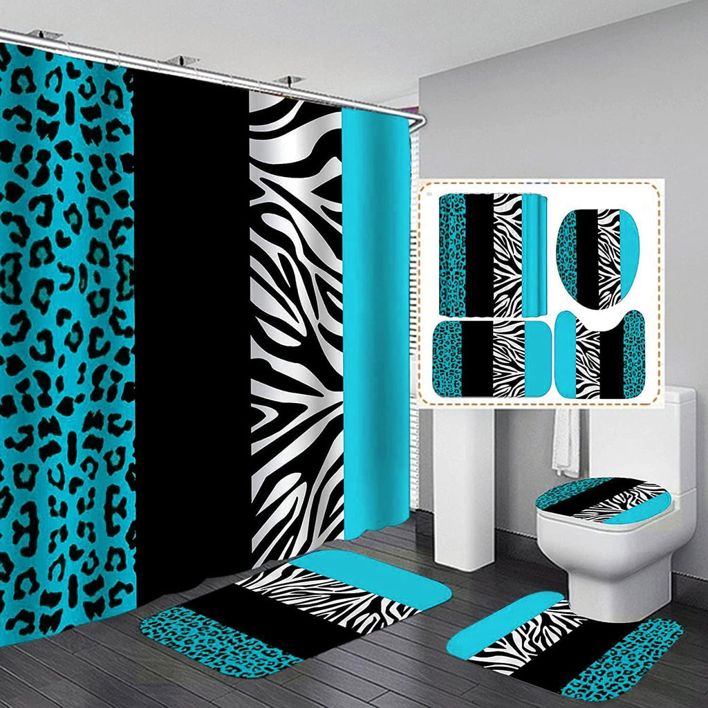 4PCS Leopard Print Shower Curtain Set with Rug, Toilet Lid Cover and Bath Mat,Red Black Splice Shower Curtain with 12 Hooks, Complete Bathroom Accessories Decor Set