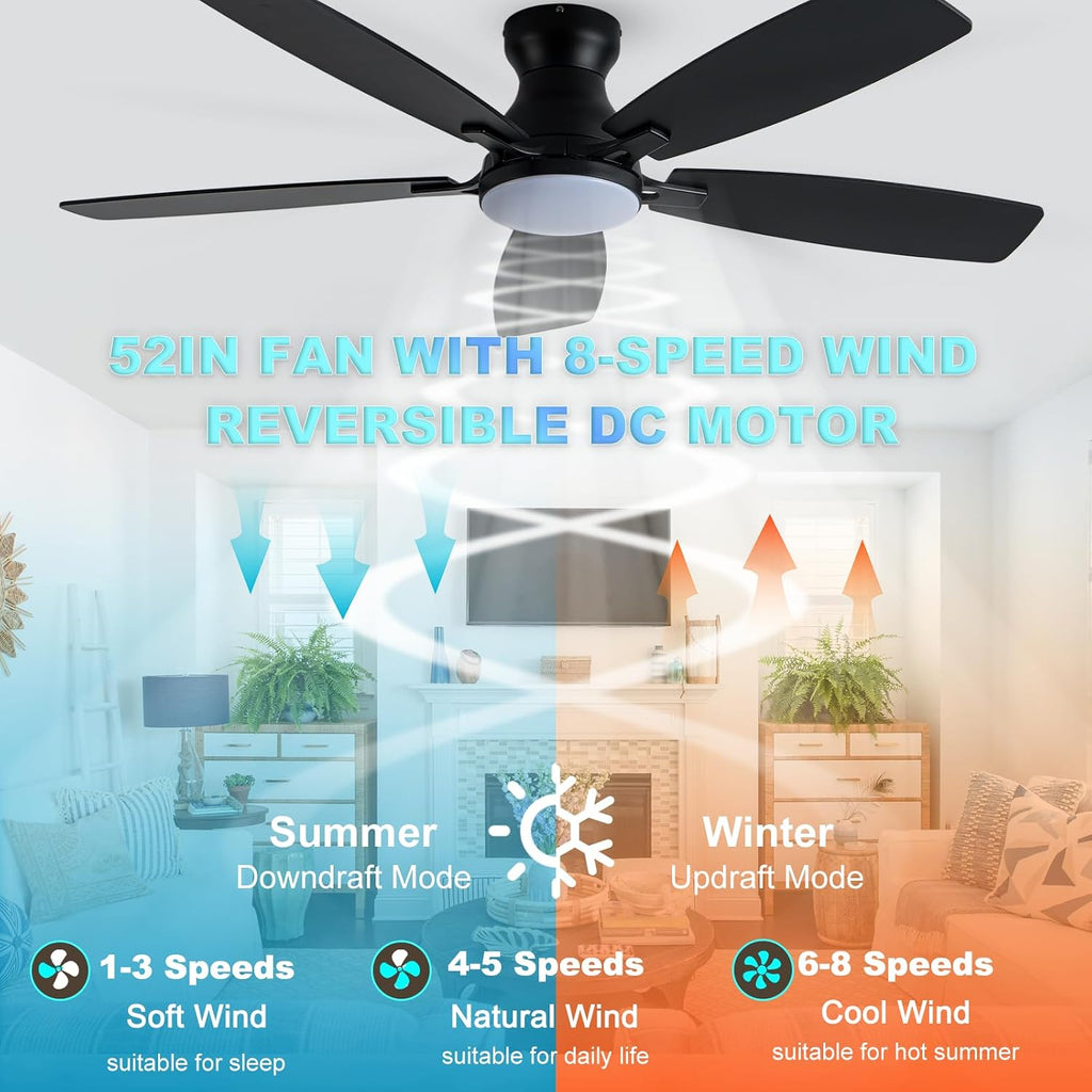 Coolwind 52'' Black Ceiling Fan with Light, Flush Mount, Remote APP Control