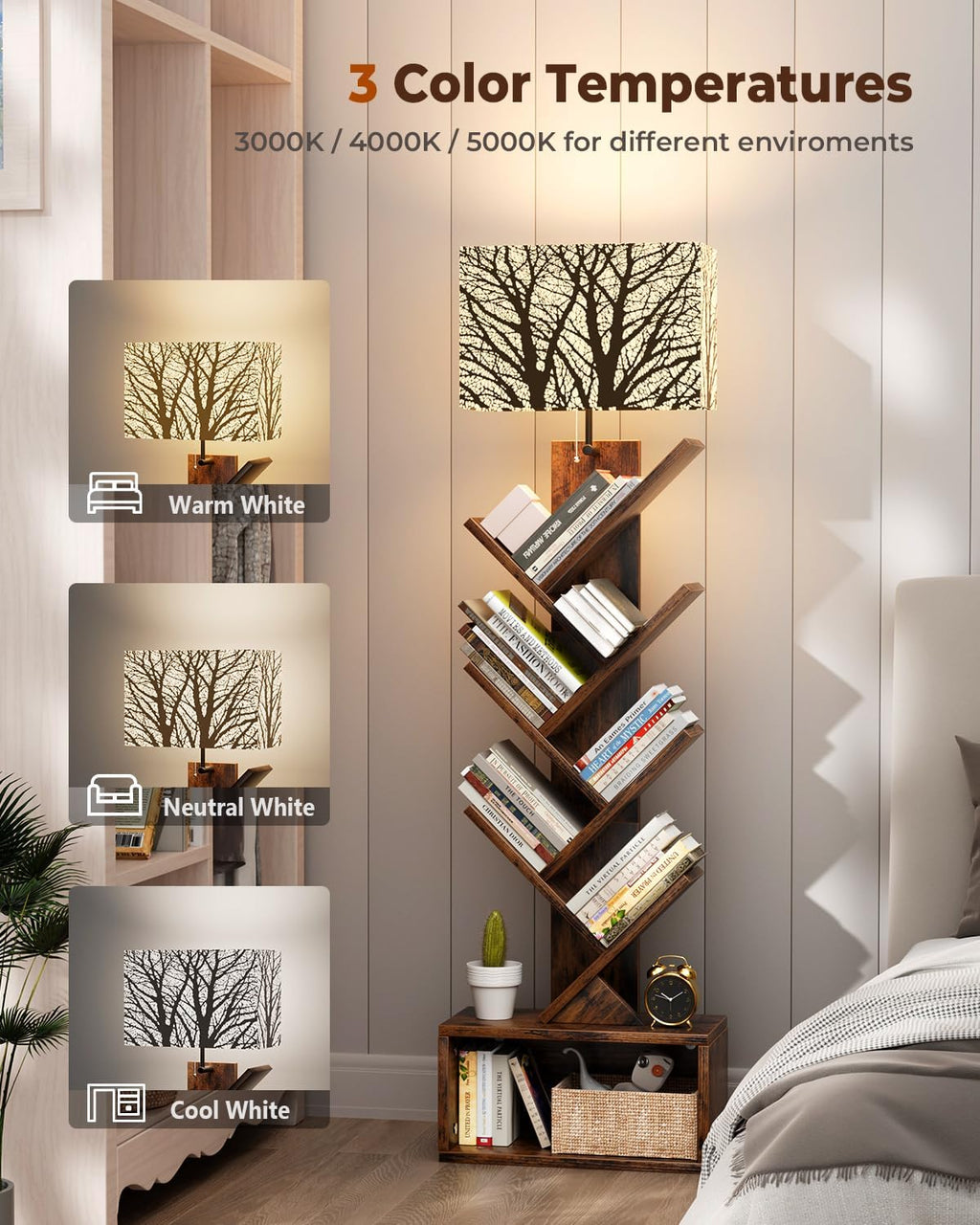 Evermagin 6 Tier Tree Bookshelf with Light, Bookcase, Branch Pattern