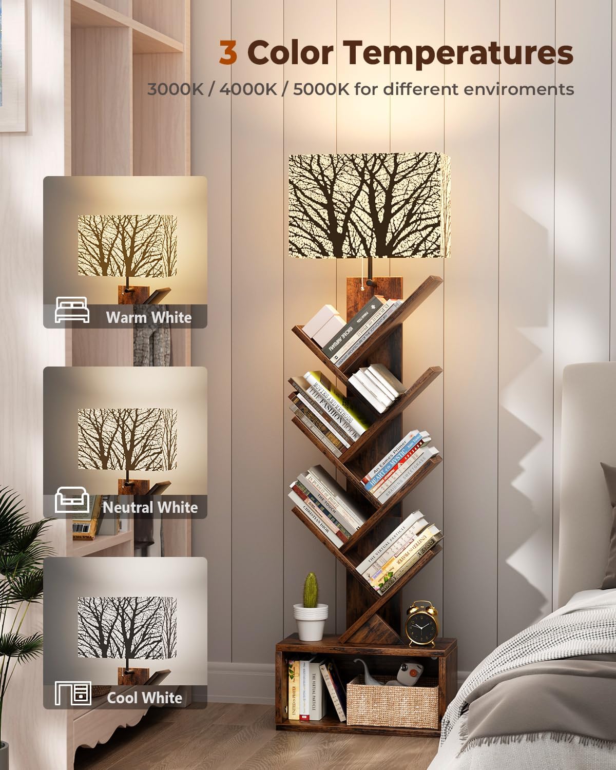 Evermagin 6 Tier Tree Bookshelf with Light, Bookcase, Branch Pattern