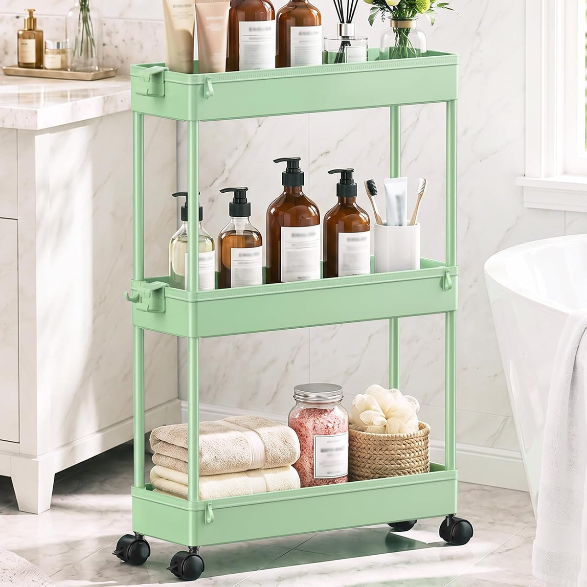 SPACEKEEPER Slim Rolling Storage Cart, 3 Tier Bathroom Cart Organizer,Green