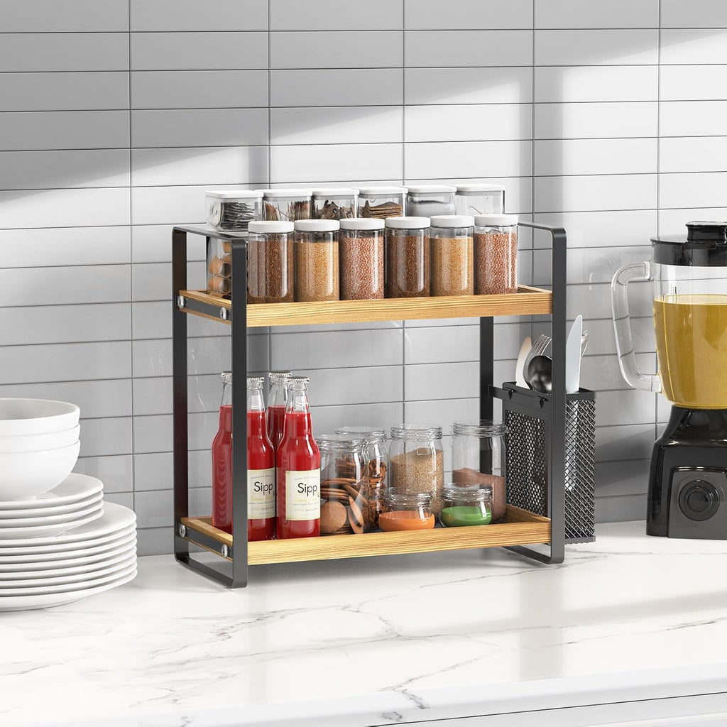 2-Tier Coffee Bar Organizer With Basket,Wooden Counter Shelf for Coffee Bar Accessories,Kitchen Spice Rack Organizer for Countertop-Brown