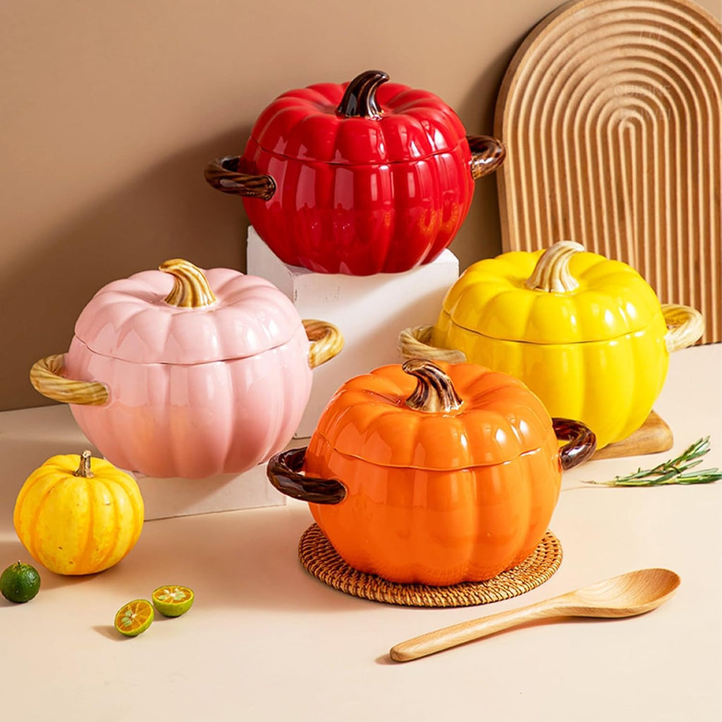 Dutch Oven Pot with Lid, Pumpkin Pottery Dessert Saucepan, Mini Baking Dish Cute Pumpkin Bowl, Covered Dutch Oven Ceramic Stockpot, Pumpkins-Shaped Casserole (Yellow)
