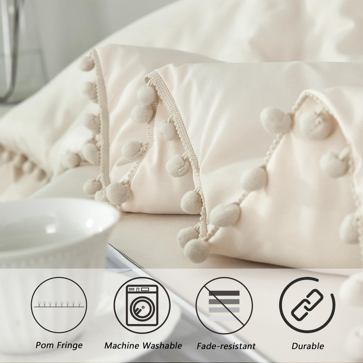 PERFEMET Girls Comforter Set Twin Size Beige Cream Pom Pom Bedding 5 Pieces