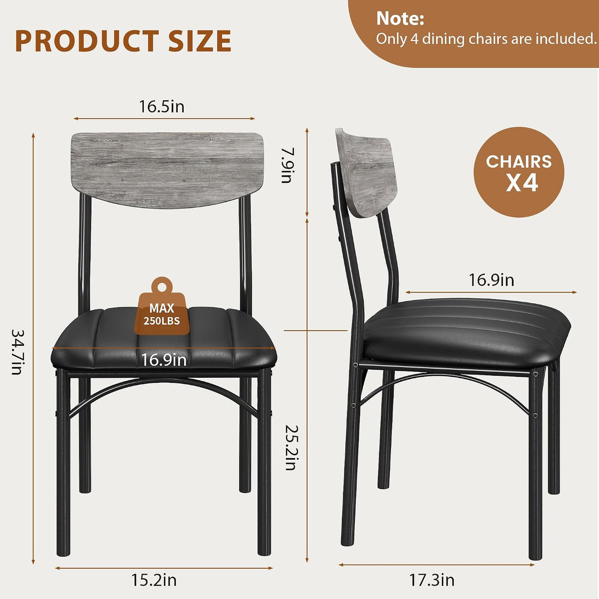 Jocoevol Dining Chairs Set of 4 - Upholstered Dining Room Chairs with PU Leather, Industrial Kitchen Chairs with Wooden Backrest and Thickened Metal Legs, for Dining Room, Living Room（Gray）