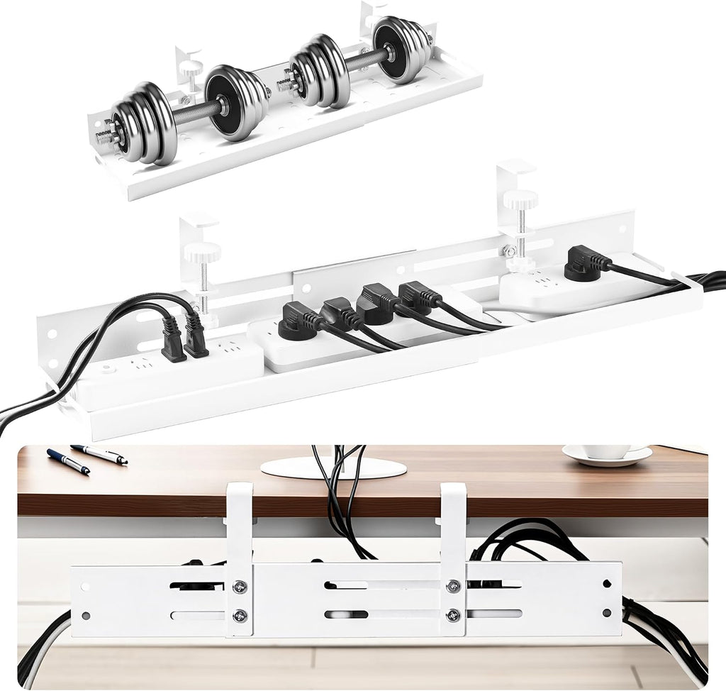 No Drill Under Desk Cable Management Tray, 17”-30” Retractable Cord Organizer for Table, Clamp Mount Wire Basket, Power Strip Holder & Metal Cord Organizer for Office, Home，Black