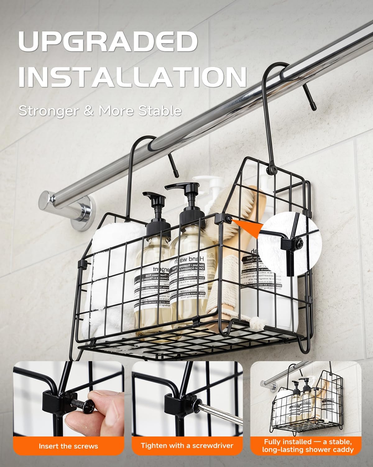 Large Rustproof Shower Caddy Hanging, 304 Stainless Steel Hanging Shower Organizer Basket for Bathroom & Bathtub, Over the Rod Shower Rack for Shampoo, Conditioner, Soap & Bath Accessories(Black)