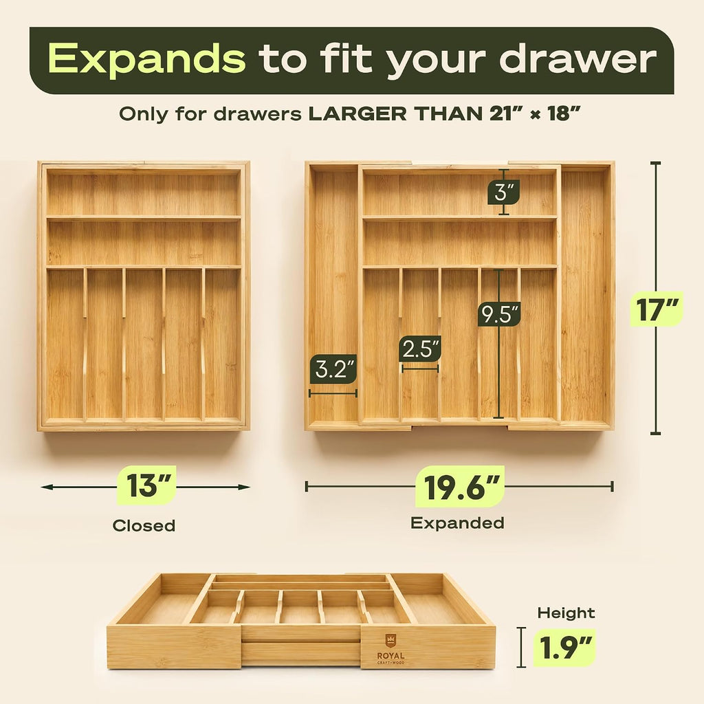 ROYAL CRAFT WOOD Luxury Bamboo Kitchen Drawer Organizer for Kitchen Organization - Silverware Organizer, Utensil Holder & Cutlery Tray Drawer Dividers for Flatware Silverware Storage, 9 Slot, Natural