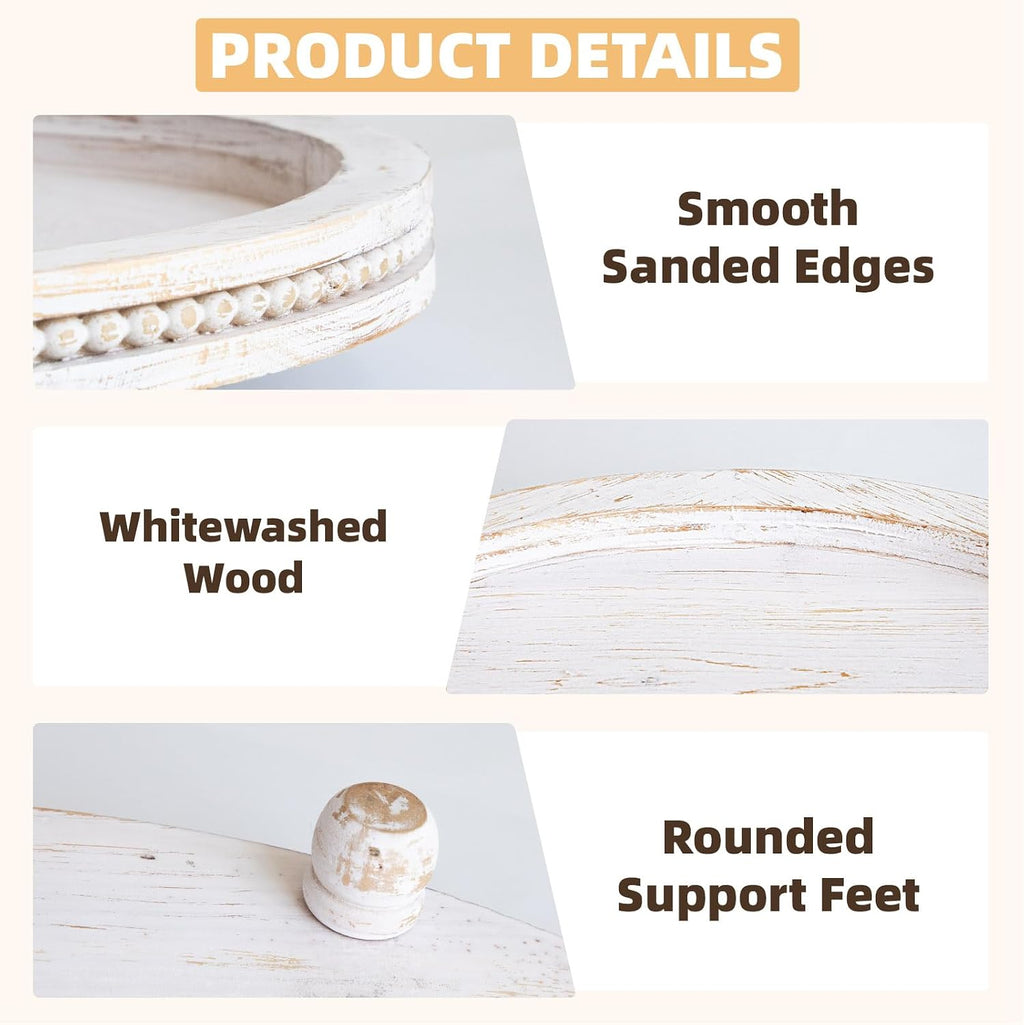 2 Piece Whitewashed Wooden Serving Tray Set with Beaded Design, Farmhouse Centerpiece Table Decorations, Round Coffee Table Tray for Living Room Home Decor, Ottoman Tray Decor for Rustic Styles