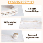 2 Piece Whitewashed Wooden Serving Tray Set with Beaded Design, Farmhouse Centerpiece Table Decorations, Round Coffee Table Tray for Living Room Home Decor, Ottoman Tray Decor for Rustic Styles
