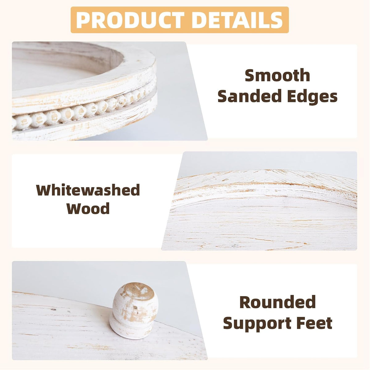 2 Piece Whitewashed Wooden Serving Tray Set with Beaded Design, Farmhouse Centerpiece Table Decorations, Round Coffee Table Tray for Living Room Home Decor, Ottoman Tray Decor for Rustic Styles