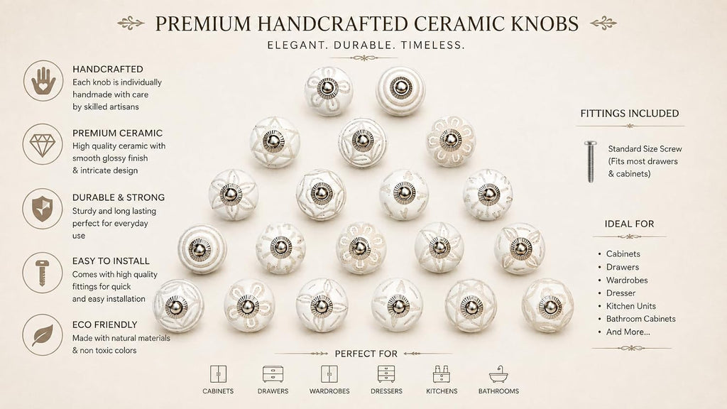 JGARTS 20 Knobs Cream White Hand Painted Ceramic Knobs Cabinet Drawer Pull