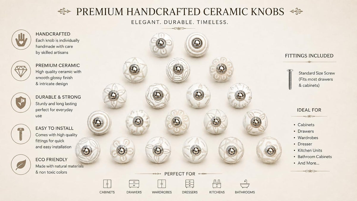 JGARTS 20 Knobs Cream White Hand Painted Ceramic Knobs Cabinet Drawer Pull