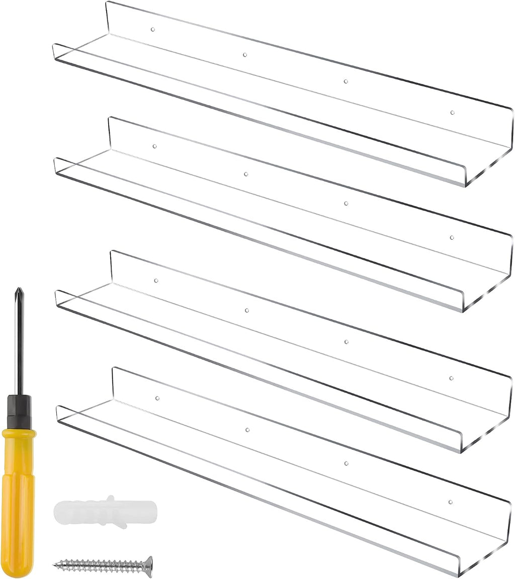 Jansburg 24 Inch Clear Floating Shelves 4 Pack Acrylic Shelves Invisible Floating Wall Ledge Bookshelf 5MM Thick Book Display Shelves Wall Mounted Bathroom Kitchen Organizer