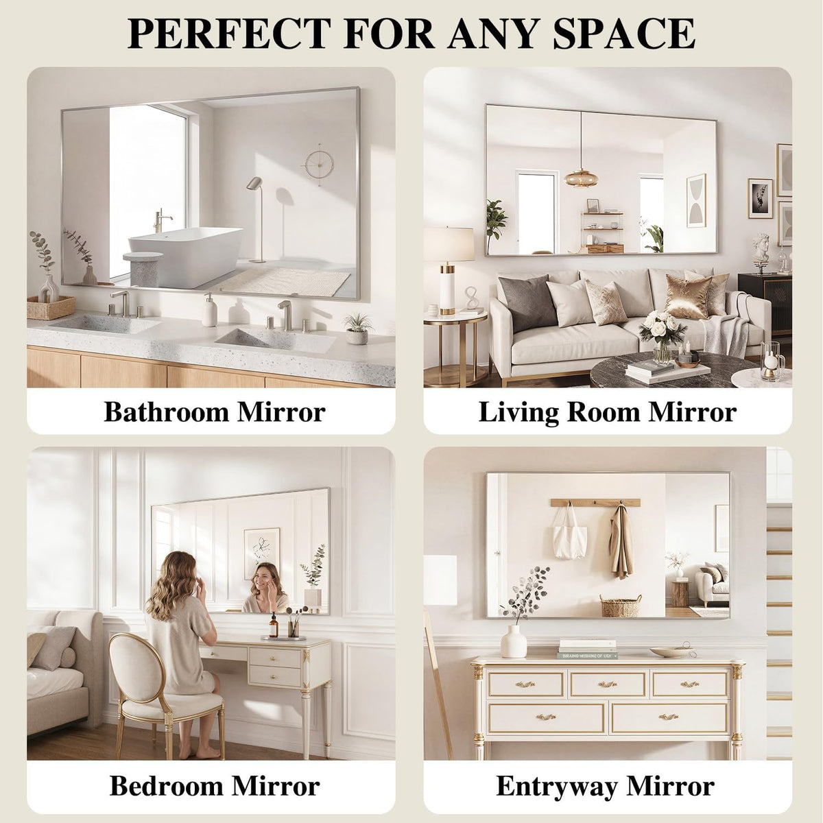 Koonmi Silver Rectangle Wall Mirror, 30x40 Inch Bathroom Mirror, Aluminum Frame Vanity Mirror for Entryway, Living Room, Bedroom Bathroom, Hangs Horizontally or Vertically