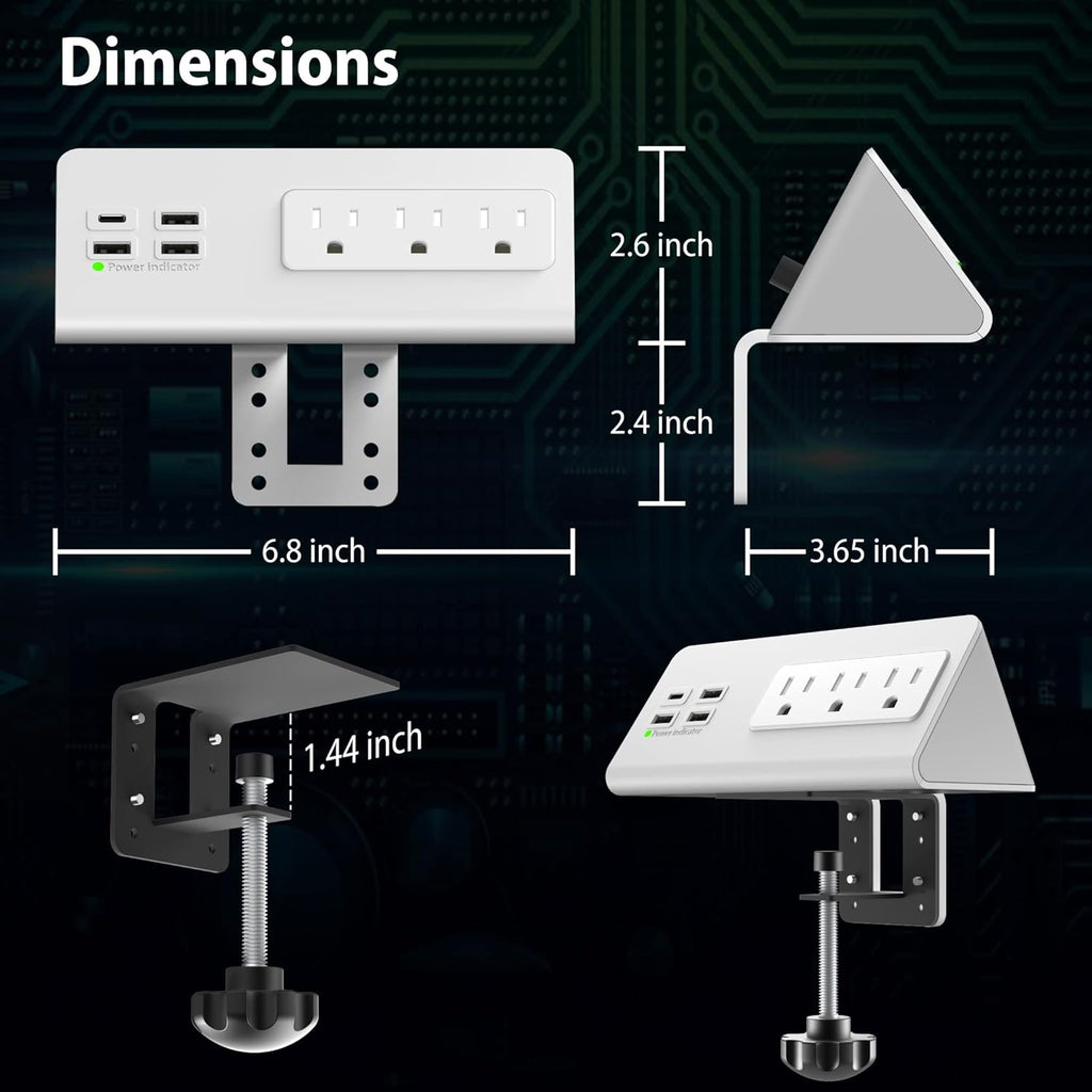 Nightstand Edge Mount Power Strip with USB-C Ports Tabletop Surge Protector Desk Clamp Power Sockets with 3 AC Outlets &4 Fast Charging USB Ports for Home Office Hotel and Dormitory