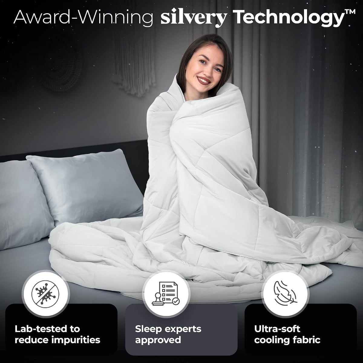 Silvery Cooling Comforter – Award-Winning Self-Cooling Blanket for Hot Sleepers with Self-Cleaning NEW, (Arctic White, Cali, King)