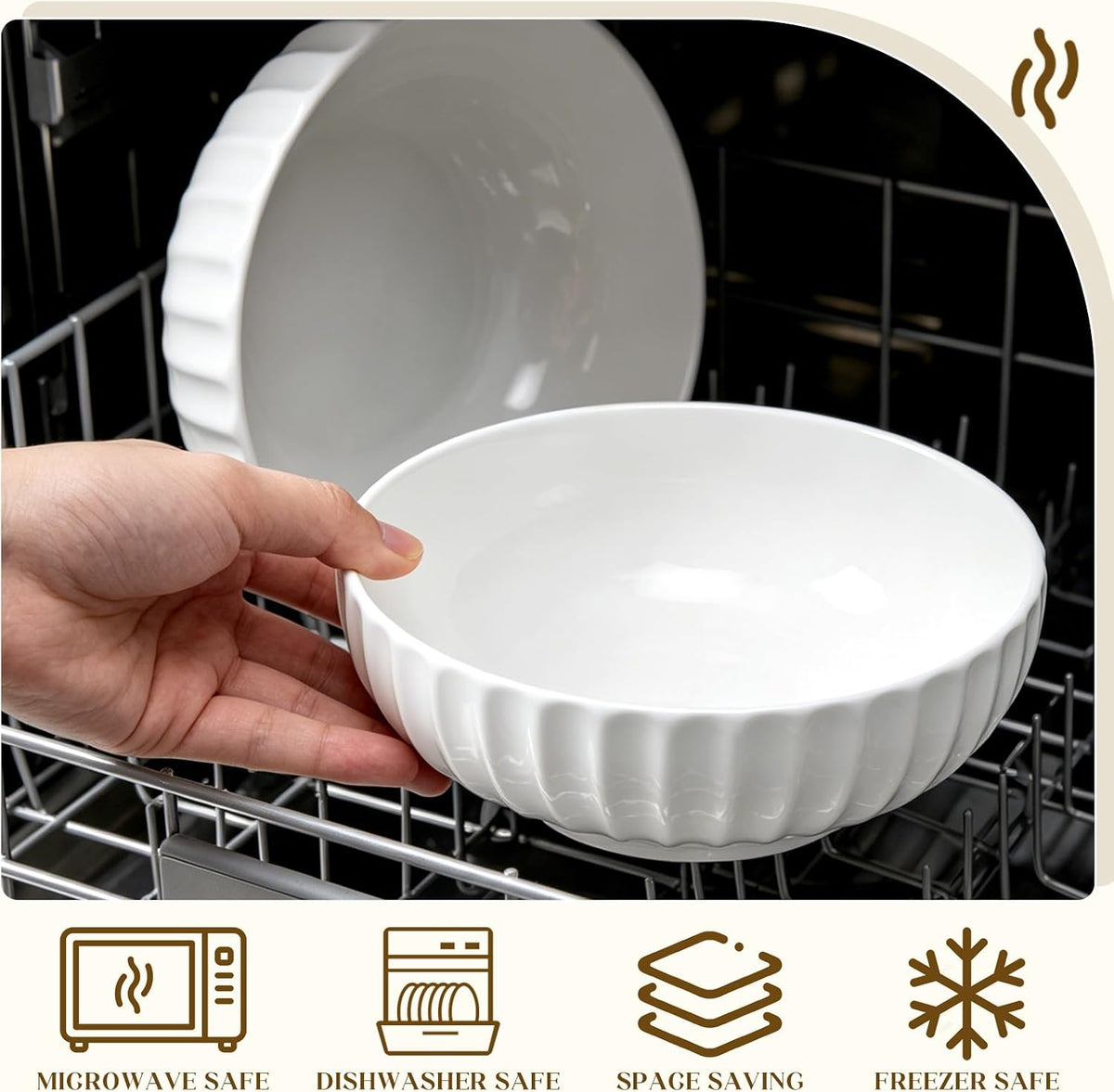 12'' 152oz Extra Large Ceramic Mixing Bowl Salad Bowl, 2 Pcs, Ribbed Style