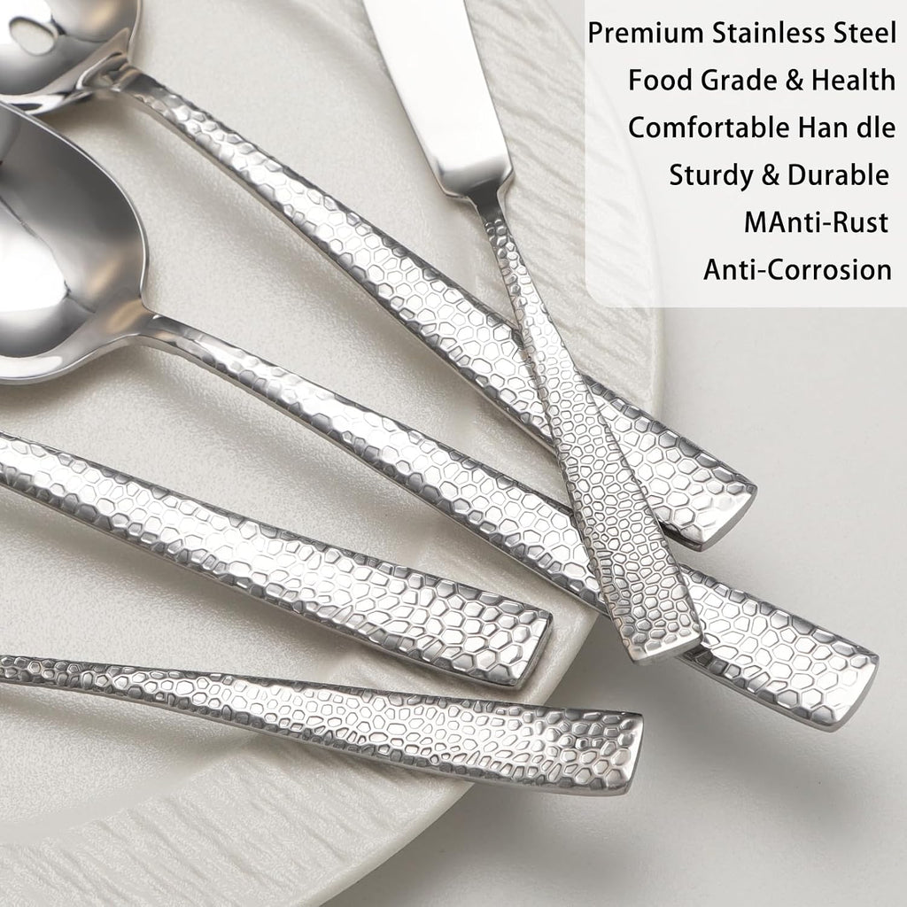 Serving Utensils Set, Stainless Steel Hammered Serving Set