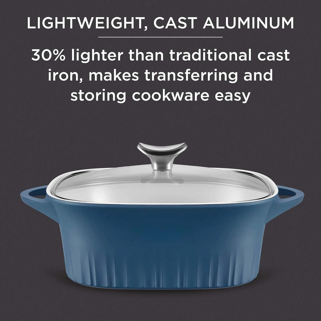 CorningWare QuickHeat 3.2-QT Cast Aluminum Roaster With Lid & Non-Stick Ceramic Interior, Lightweight and Fast Even Heat Baking & Cooking, For Meats, Soup, Browning, Searing, French Navy