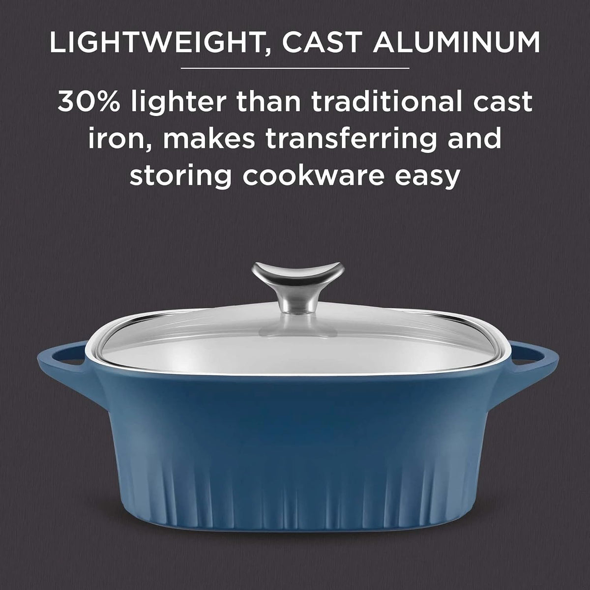 CorningWare QuickHeat 3.2-QT Cast Aluminum Roaster With Lid & Non-Stick Ceramic Interior, Lightweight and Fast Even Heat Baking & Cooking, For Meats, Soup, Browning, Searing, French Navy