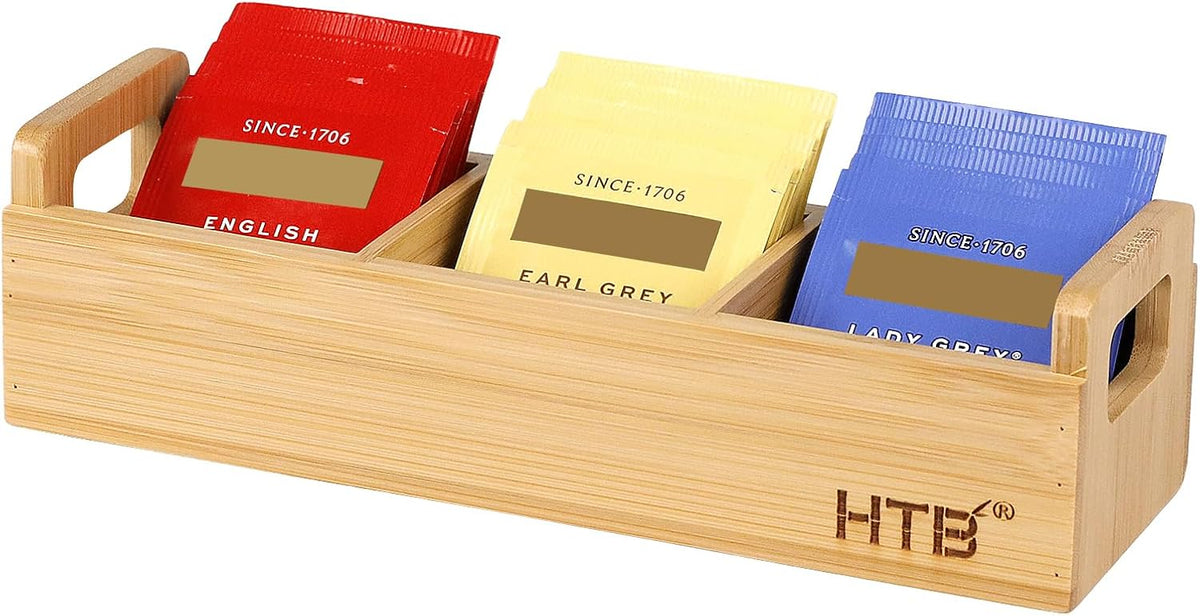 HTB Small Bamboo Tea Bag Holder with 3 Compartments
