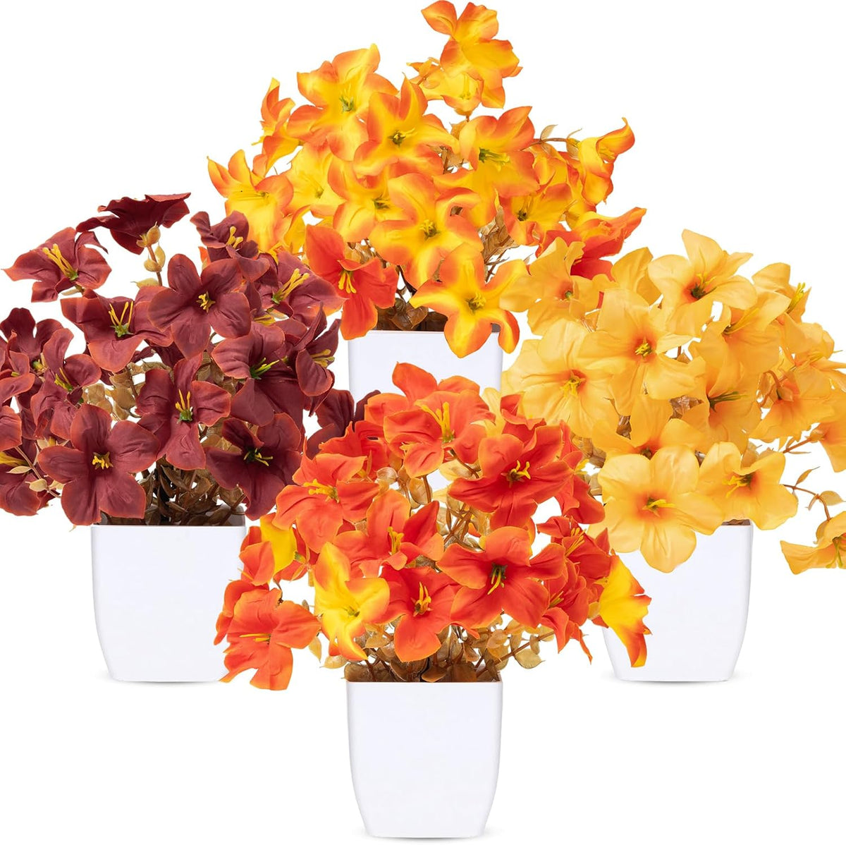 CEWOR 4 Pack Mini Fall Artificial Potted Plants, Fake Autumn Hibiscus Flowers with White Plastic Pots, Small Faux Floral Arrangement for Office Desk Bathroom Bedroom Table Decor